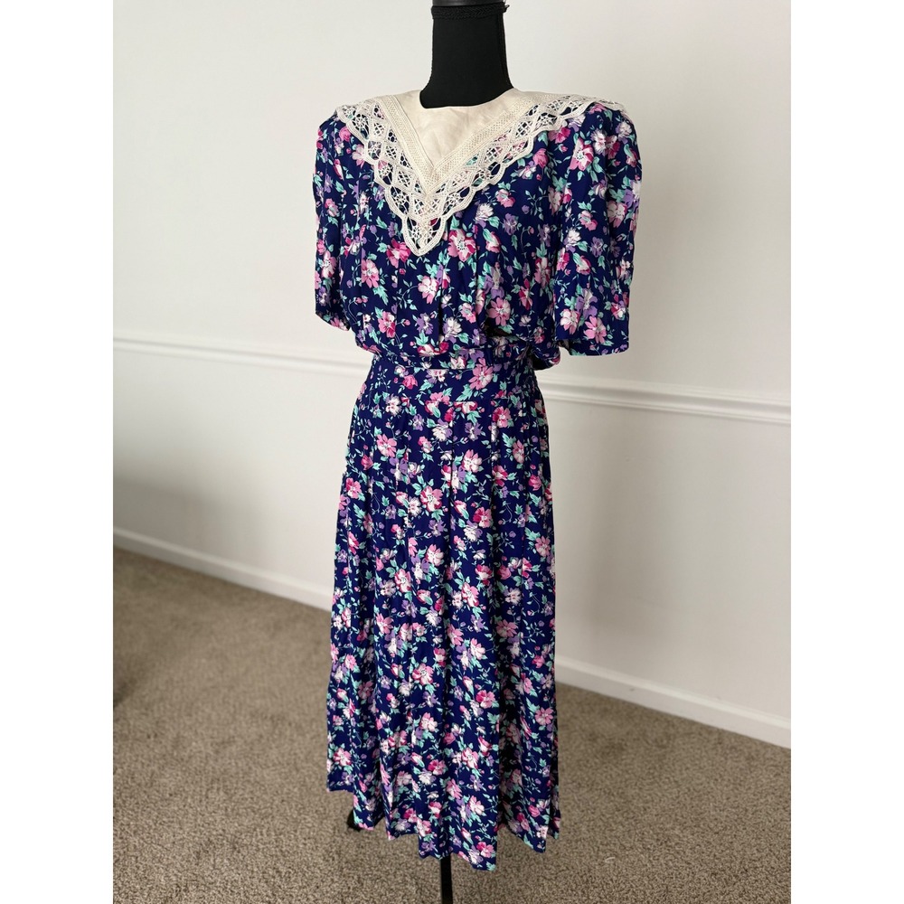 Vintage 80s Floral Dress Lace Collar‎ Cottagecore long Size M Karin Stevens
